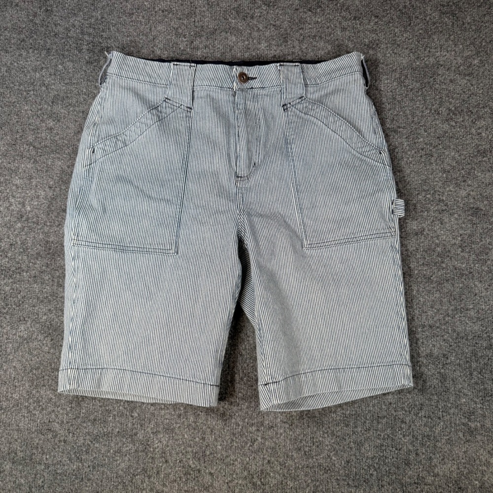 Duluth Trading Co Hickory Stripe Carpenter Shorts 12 Blue White Utility Workwear